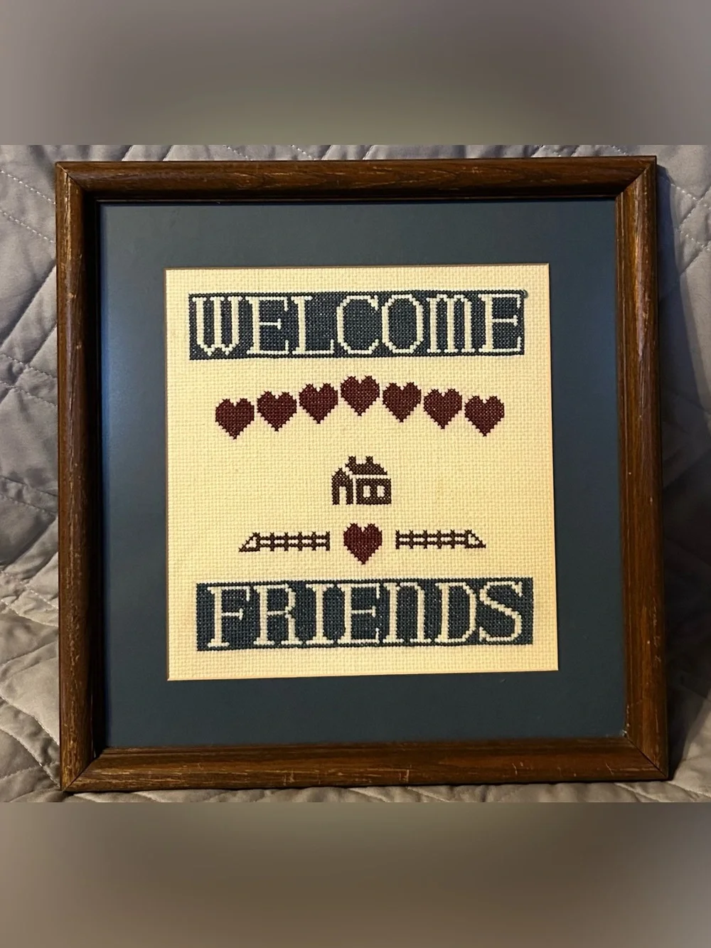 Vintage Framed Finished Cross Stitch Welcome Friends Country Cottage Wall Decor